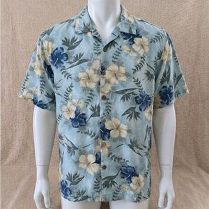 Tommy Bahama Mens Medium 100% Silk Blue Hibiscus Floral Hawaiian Camp Shirt